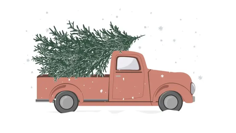 Joyful Little Red Truck Hauling a Christmas Tree