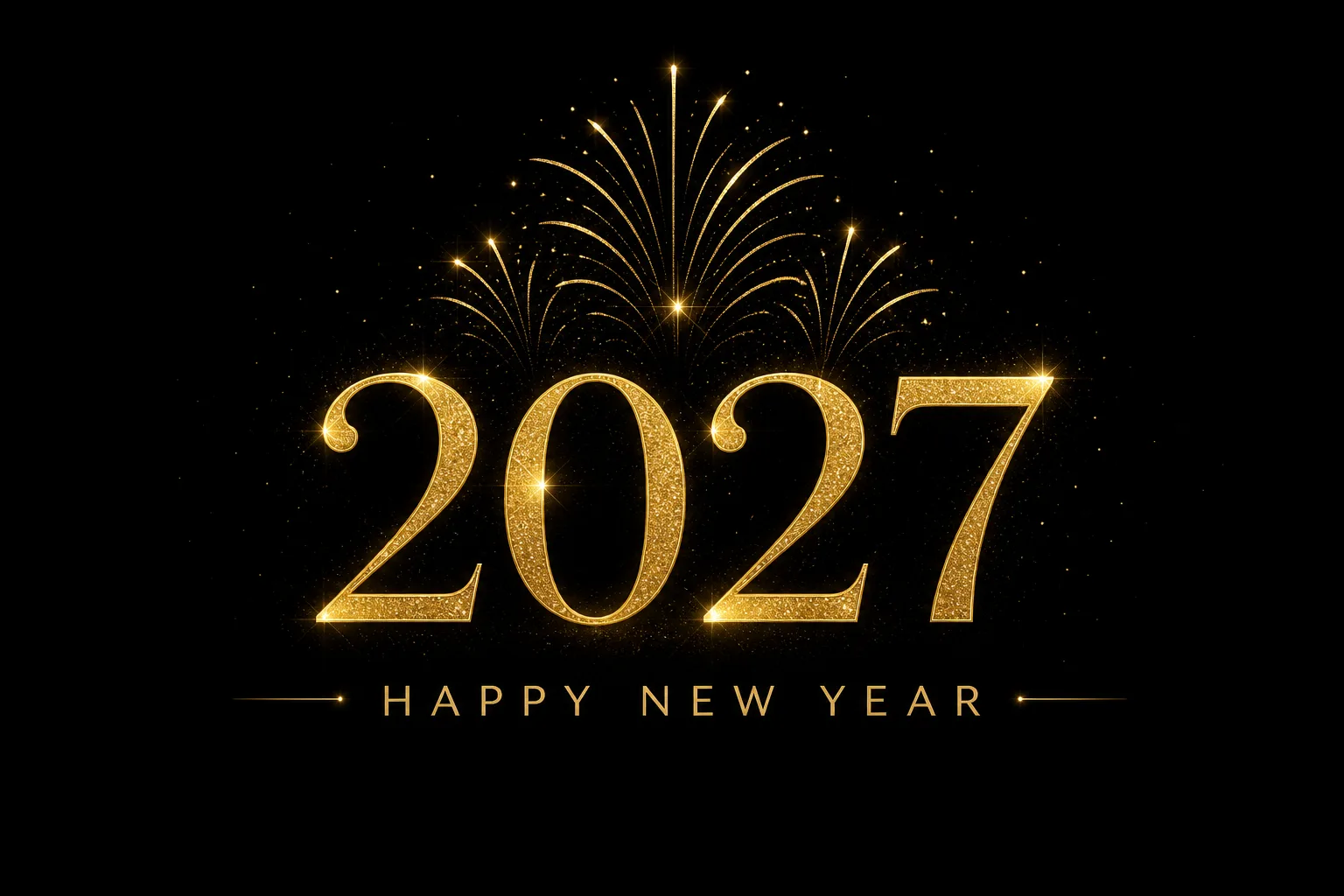 Happy New Year 2027 gold glitter card on black background