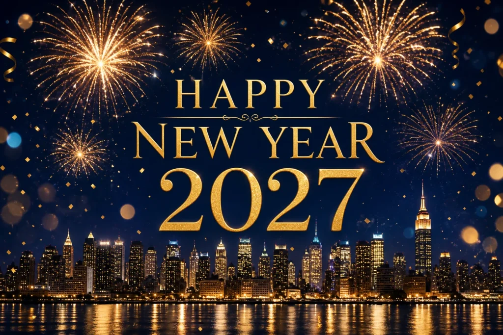 Happy New Year 2027 images - gold fireworks over city skyline HD greeting card