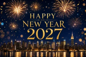Happy New Year 2027 images - gold fireworks over city skyline HD greeting card