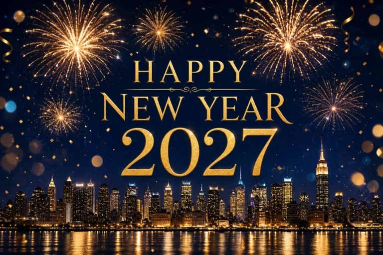 Happy New Year 2027 images - gold fireworks over city skyline HD greeting card