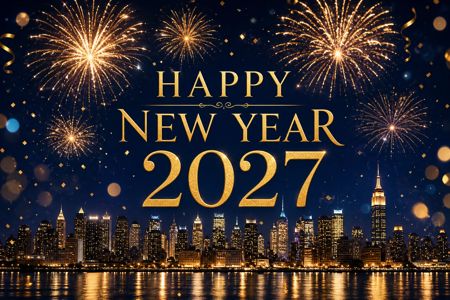 Happy New Year 2027 images - gold fireworks over city skyline HD greeting card