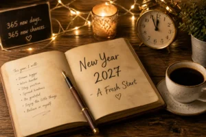 Happy New Year 2027 quotes - notebook with fresh start resolutions and midnight clock