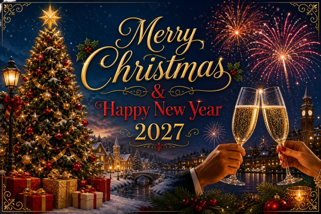 Merry Christmas and Happy New Year 2027 greeting card with tree and champagne toast
