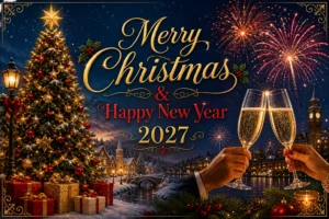 Merry Christmas and Happy New Year 2027 greeting card with tree and champagne toast