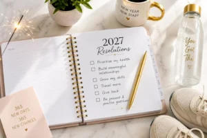 New Year 2027 resolutions planner with checklist, gold pen and sneakers