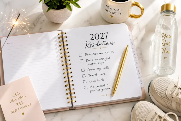 New Year 2027 resolutions planner with checklist, gold pen and sneakers