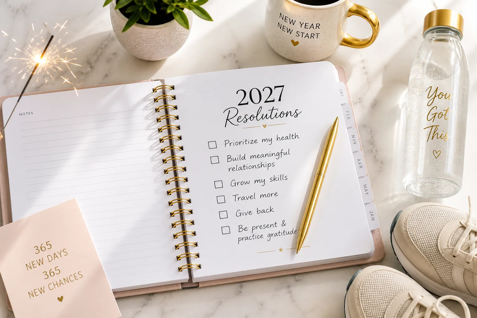 New Year 2027 resolutions planner with checklist, gold pen and sneakers