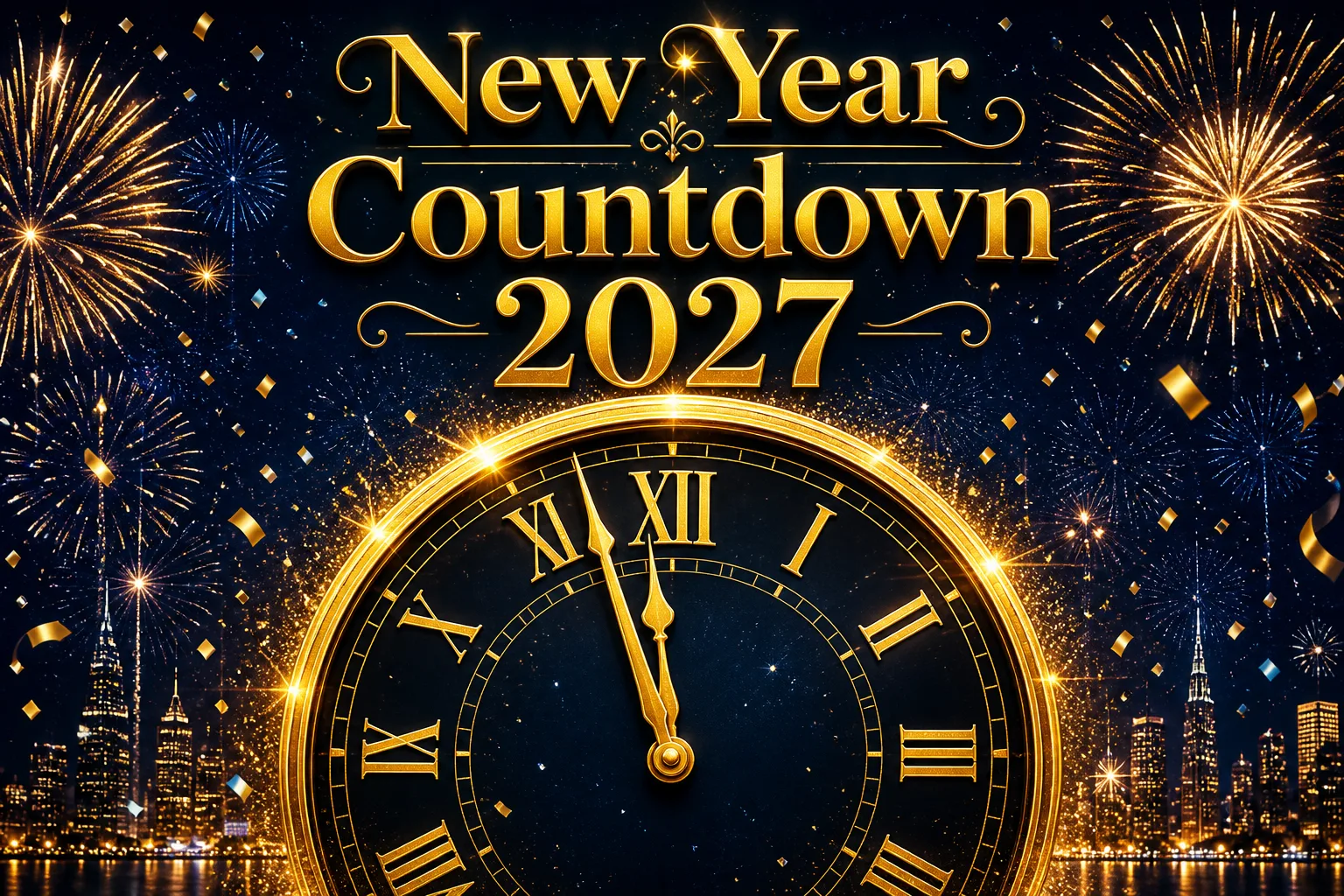 New Year countdown 2027 - golden clock at one minute to midnight with fireworks