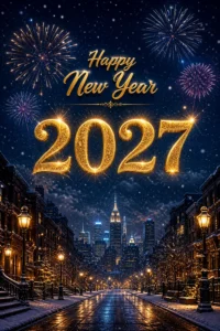 Happy New Year 2027 phone wallpaper - gold 2027 over snowy night city with fireworks