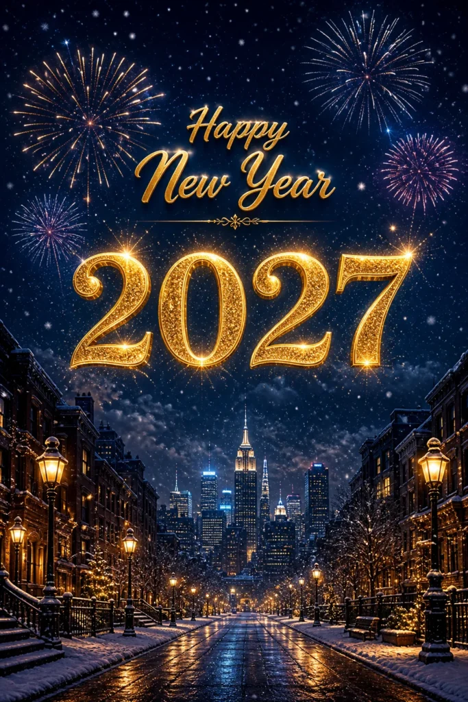 Happy New Year 2027 phone wallpaper - gold 2027 over snowy night city with fireworks