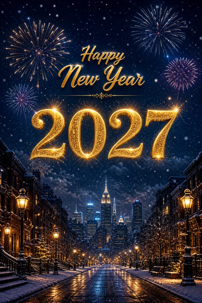 Happy New Year 2027 phone wallpaper - gold 2027 over snowy night city with fireworks